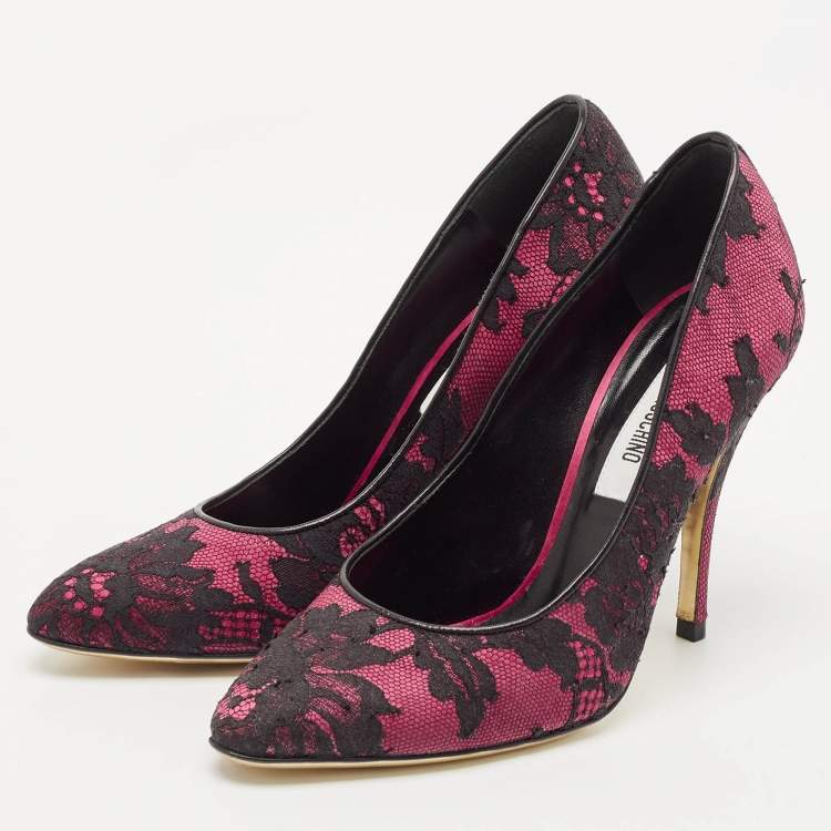 Pre Owned Moschino Black/Purple Lace and Mesh Pointed Toe Pumps Size 38