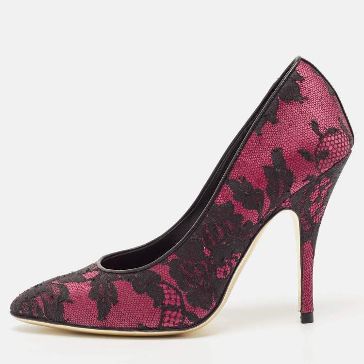 Pre Owned Moschino Black/Purple Lace and Mesh Pointed Toe Pumps Size 38