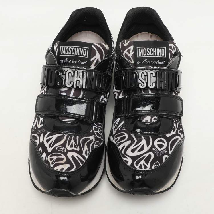 Pre Owned Moschino Black/White Printed Neoprene and Patent Leather Velcro Low Top Sneakers Size 36