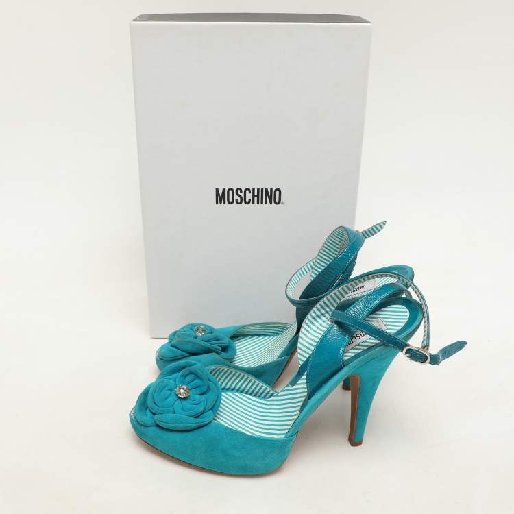 Pre Owned Moschino Blue Suede Flower Applique Ankle Strap Pumps Size 39.5