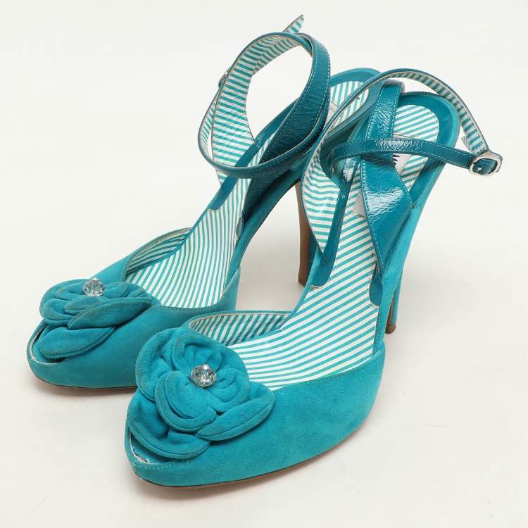 Pre Owned Moschino Blue Suede Flower Applique Ankle Strap Pumps Size 39.5