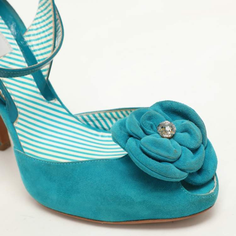 Pre Owned Moschino Blue Suede Flower Applique Ankle Strap Pumps Size 39.5