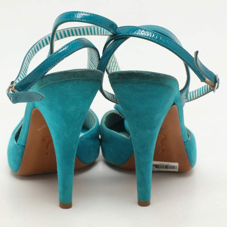 Pre Owned Moschino Blue Suede Flower Applique Ankle Strap Pumps Size 39.5