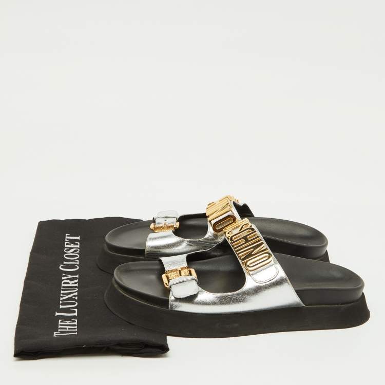 Pre Owned Moschino Silver Leather Logo Buckle Detail Chunky Slide Sandals Size 39
