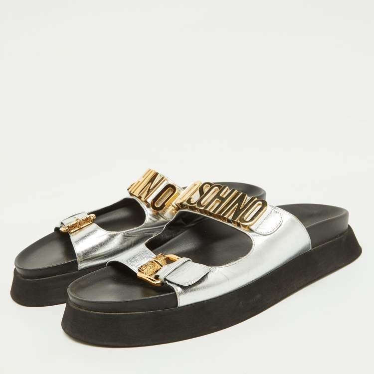 Pre Owned Moschino Silver Leather Logo Buckle Detail Chunky Slide Sandals Size 39