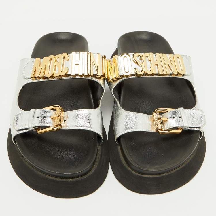 Pre Owned Moschino Silver Leather Logo Buckle Detail Chunky Slide Sandals Size 39