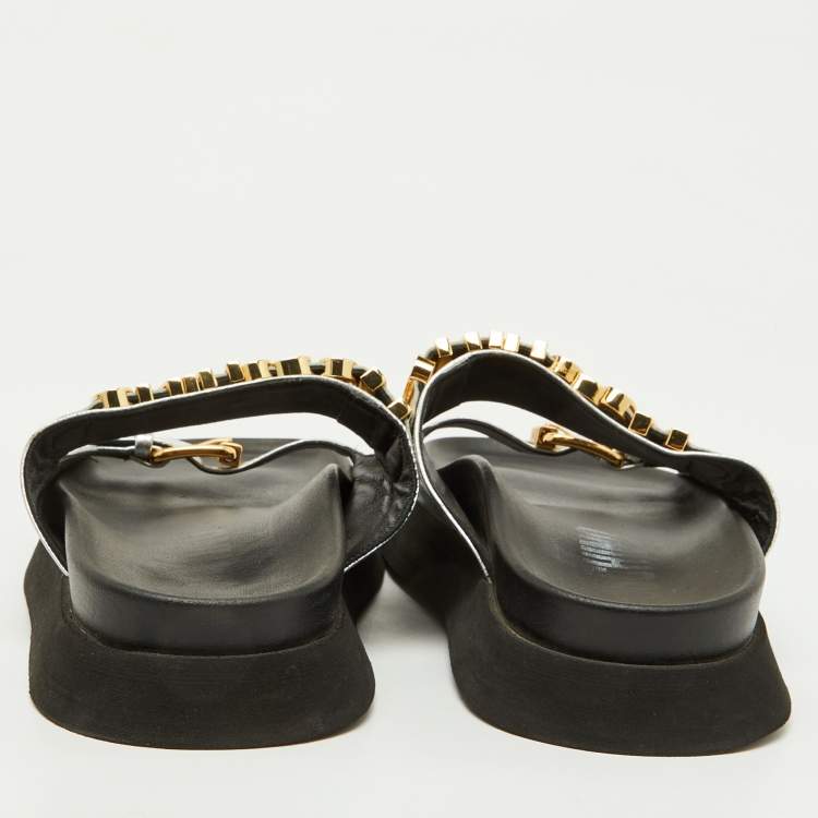 Pre Owned Moschino Silver Leather Logo Buckle Detail Chunky Slide Sandals Size 39