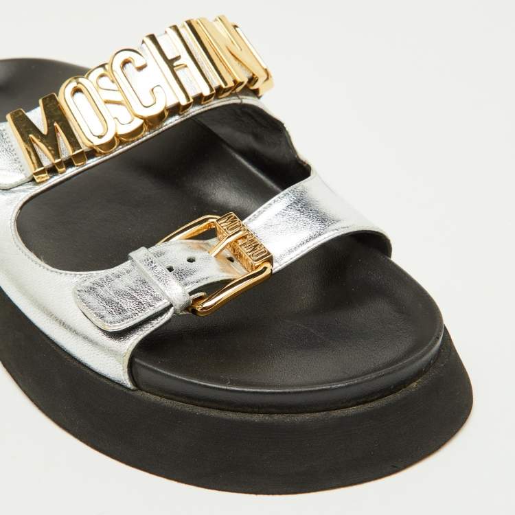 Pre Owned Moschino Silver Leather Logo Buckle Detail Chunky Slide Sandals Size 39