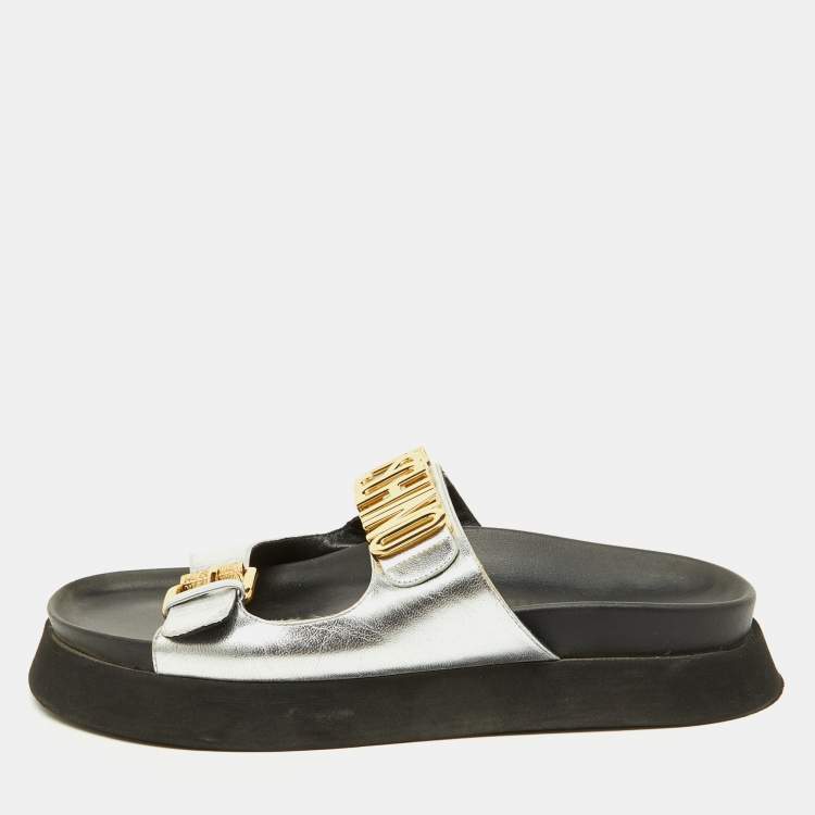 Pre Owned Moschino Silver Leather Logo Buckle Detail Chunky Slide Sandals Size 39