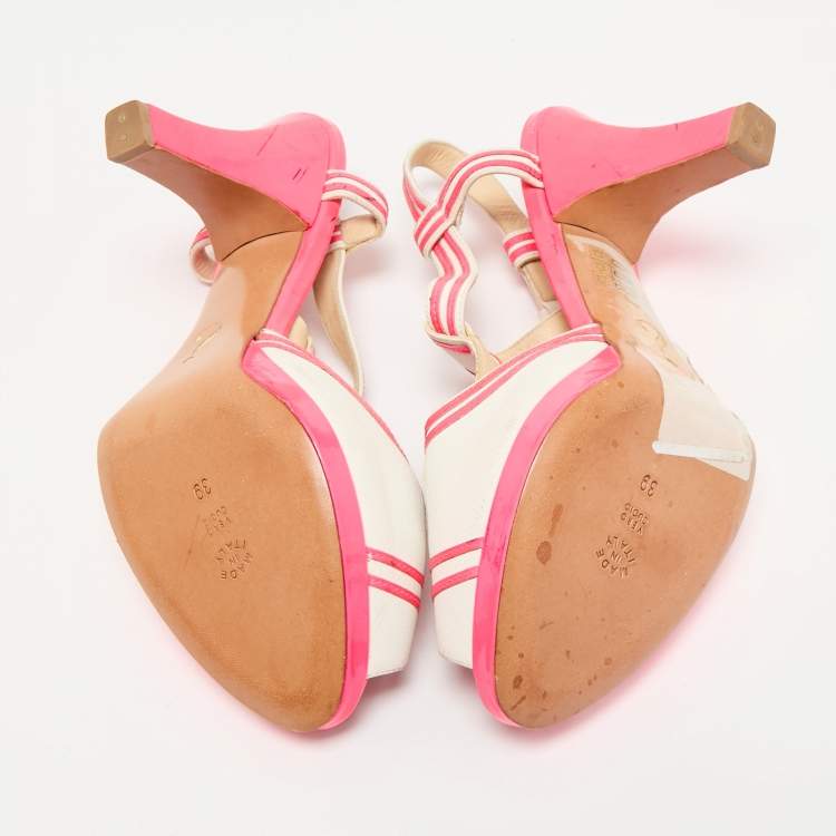 Pre Owned Moschino Neon Pink/White Leather Strappy Peep Toe Sandals Size 39