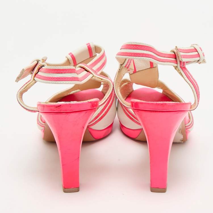 Pre Owned Moschino Neon Pink/White Leather Strappy Peep Toe Sandals Size 39