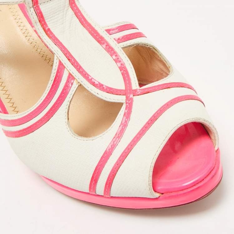 Pre Owned Moschino Neon Pink/White Leather Strappy Peep Toe Sandals Size 39