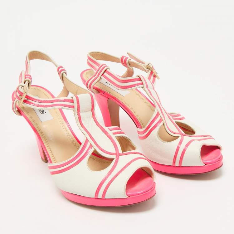Pre Owned Moschino Neon Pink/White Leather Strappy Peep Toe Sandals Size 39