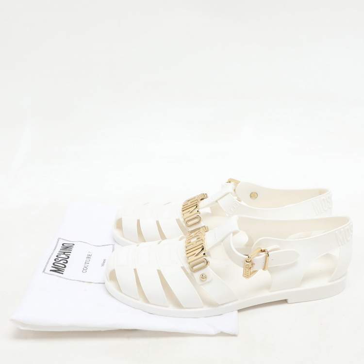Pre Owned Moschino White Jelly Logo Flats Size 38