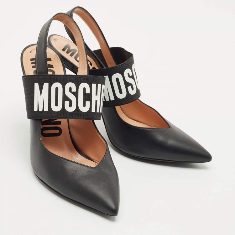 Pre Owned Moschino Black Leather Logo Pointed Toe Pumps Size 39