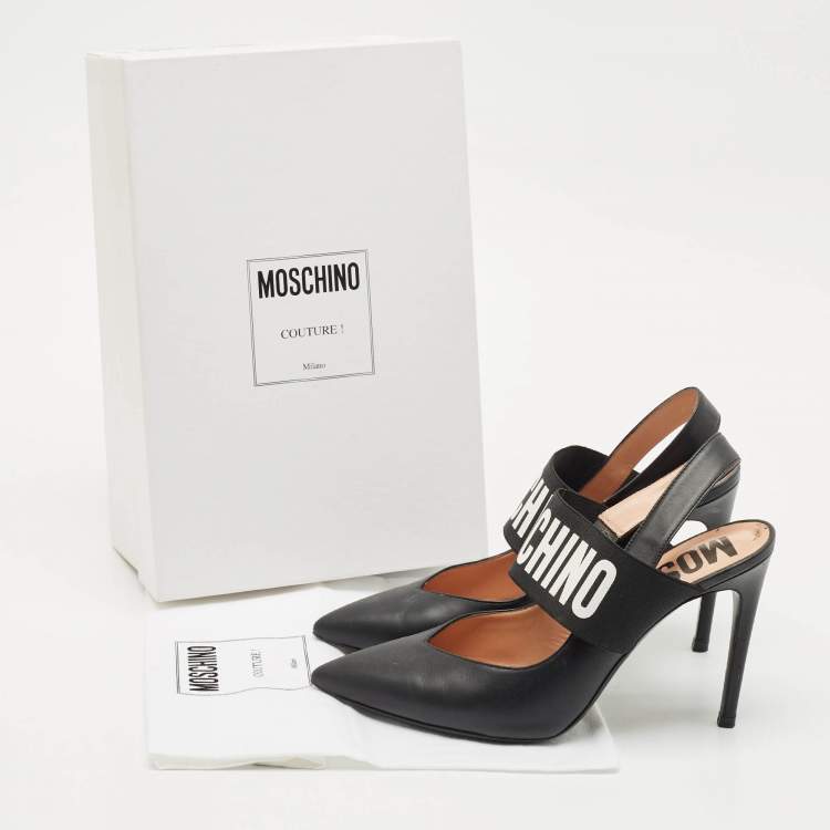 Pre Owned Moschino Black Leather Logo Pointed Toe Pumps Size 39