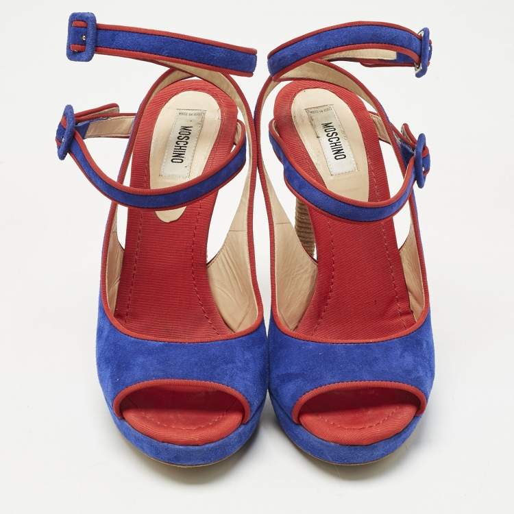 Pre Owned Moschino Red/Blue Suede Buckle Ankle Strap Sandals Size 38.5