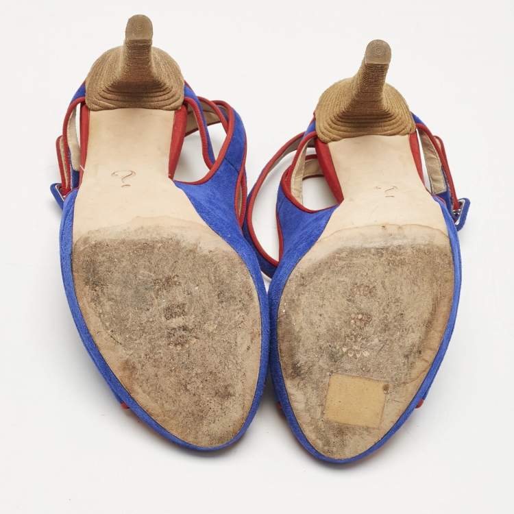 Pre Owned Moschino Red/Blue Suede Buckle Ankle Strap Sandals Size 38.5