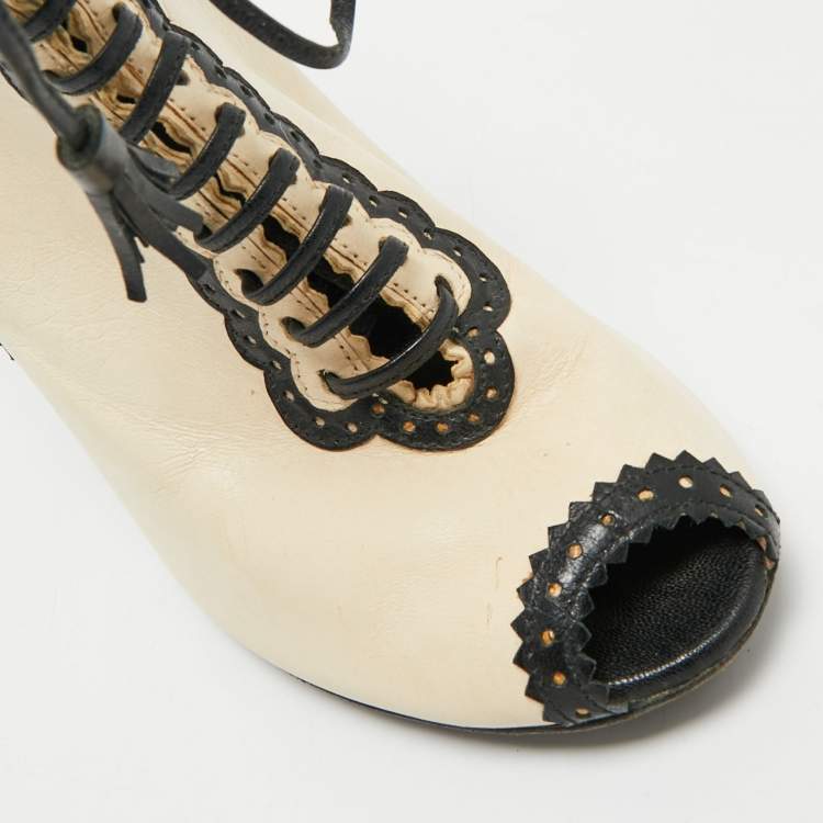 Pre Owned Moschino Beige/Black Leather Cutot Peep Toe Ankle Boots  Size 36