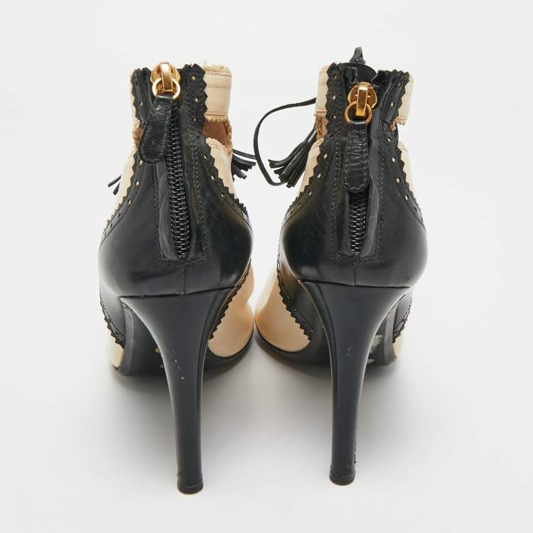 Pre Owned Moschino Beige/Black Leather Cutot Peep Toe Ankle Boots  Size 36