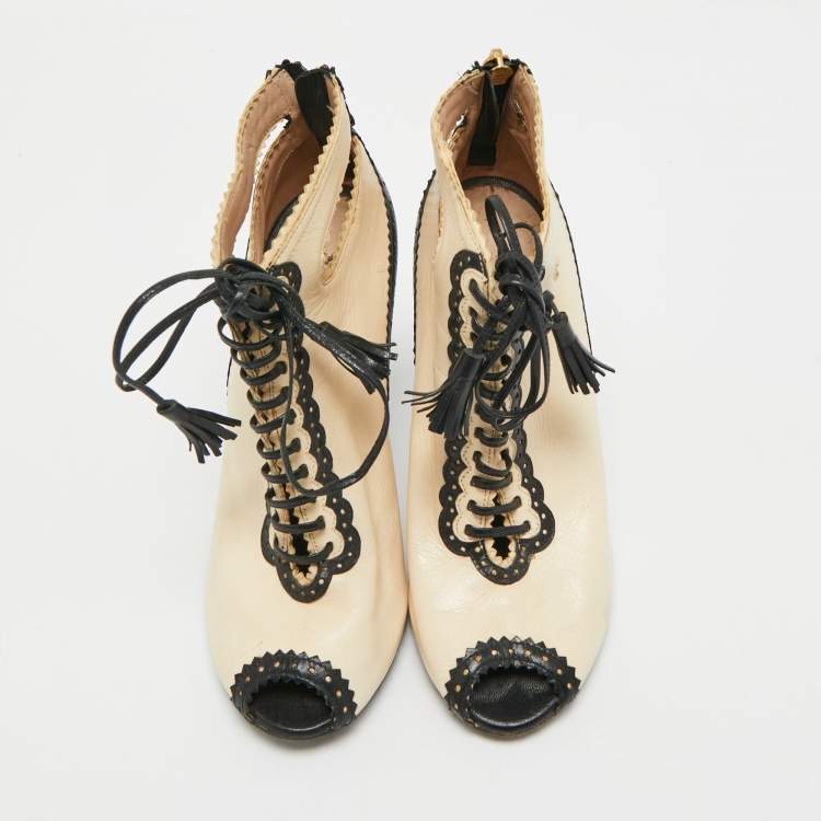 Pre Owned Moschino Beige/Black Leather Cutot Peep Toe Ankle Boots  Size 36