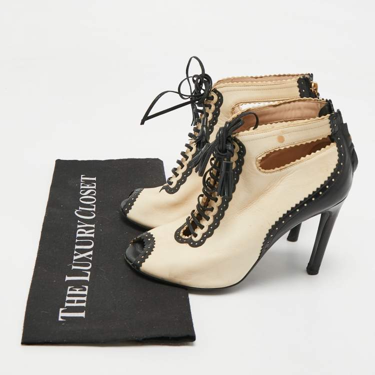 Pre Owned Moschino Beige/Black Leather Cutot Peep Toe Ankle Boots  Size 36
