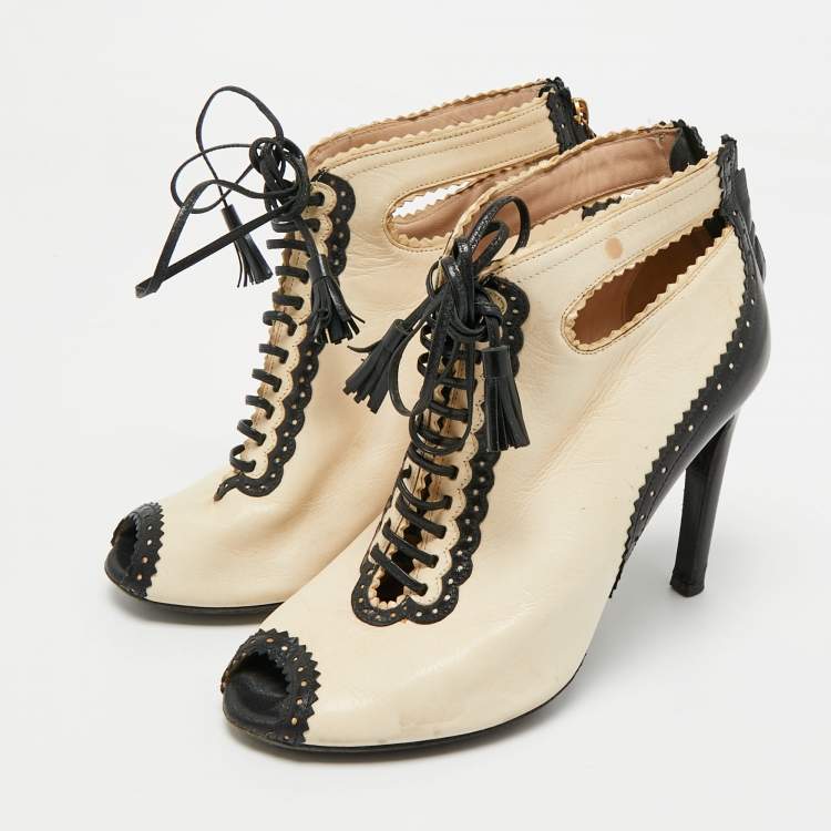 Pre Owned Moschino Beige/Black Leather Cutot Peep Toe Ankle Boots  Size 36