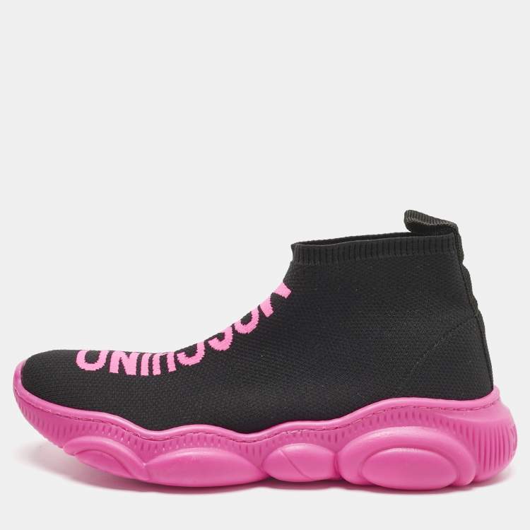 Pre Owned Moschino Black Jacquard Logo High Top Sneakers Size 36