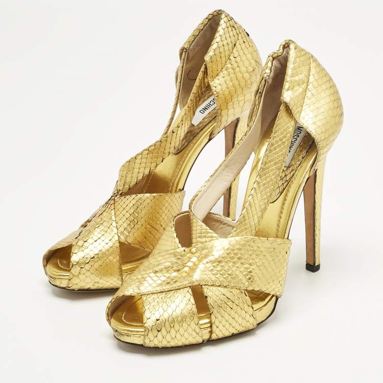Pre Owned Moschino Gold Python Embossed Leather Cut Out Peep Toe Pumps Size 40