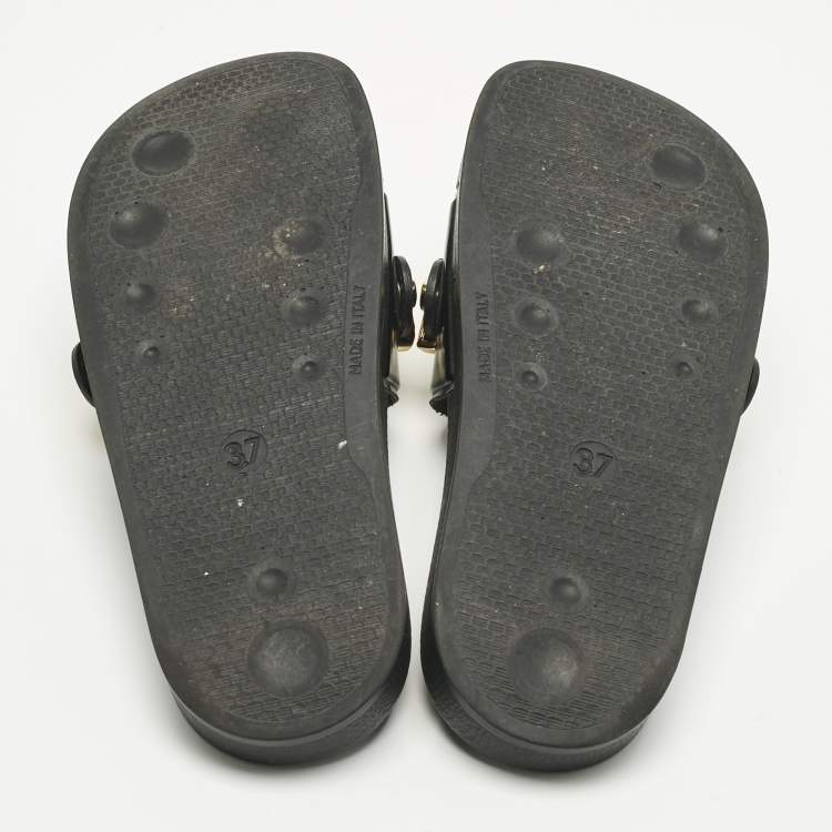 Pre Owned Moschino Black Rubber Logo Flat Slides Size 37