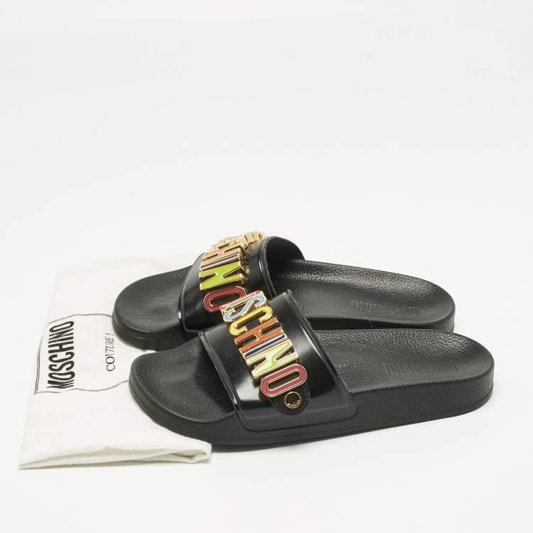 Pre Owned Moschino Black Rubber Logo Flat Slides Size 37