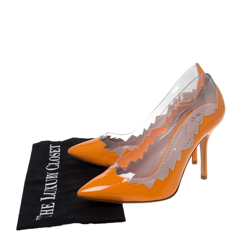 Pre Owned Moschino Cheap and Chic Orange Patent Leather Laser Cut Pumps Size 38