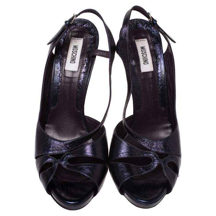 Pre Owned Moschino Navy Blue Textured Leather Slingback Open Toe Sandals Size 40