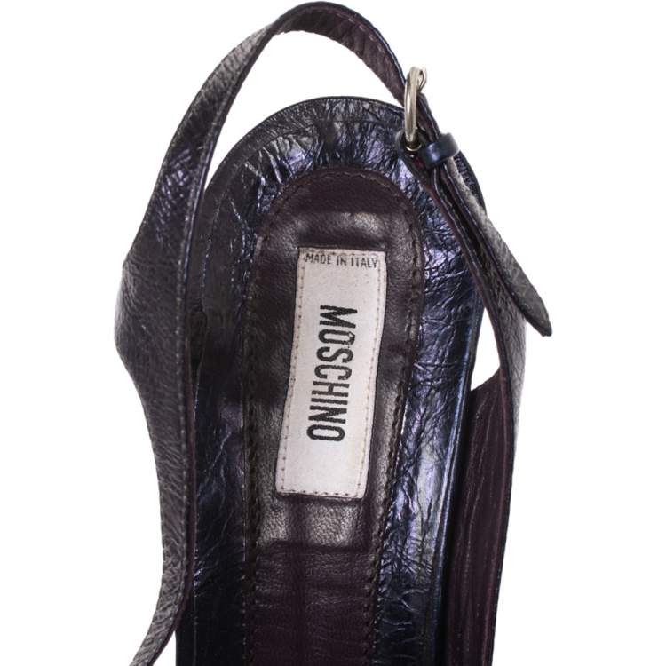 Pre Owned Moschino Navy Blue Textured Leather Slingback Open Toe Sandals Size 40