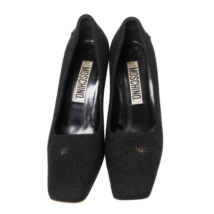 Pre Owned Moschino Black Wool Spider-Accented Square-Toe Pumps 37