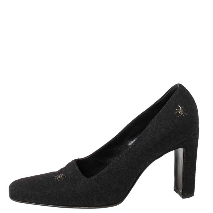 Pre Owned Moschino Black Wool Spider-Accented Square-Toe Pumps 37