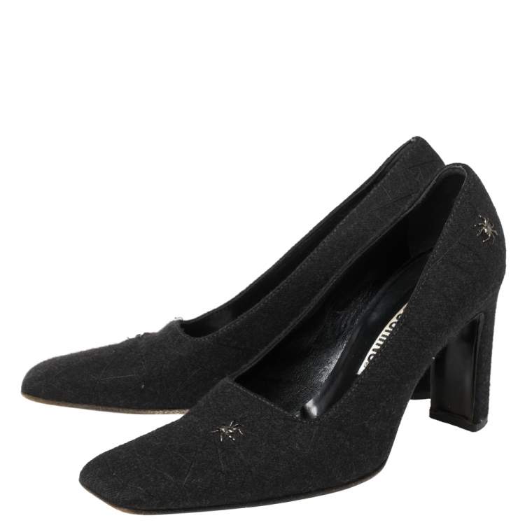 Pre Owned Moschino Black Wool Spider-Accented Square-Toe Pumps 37