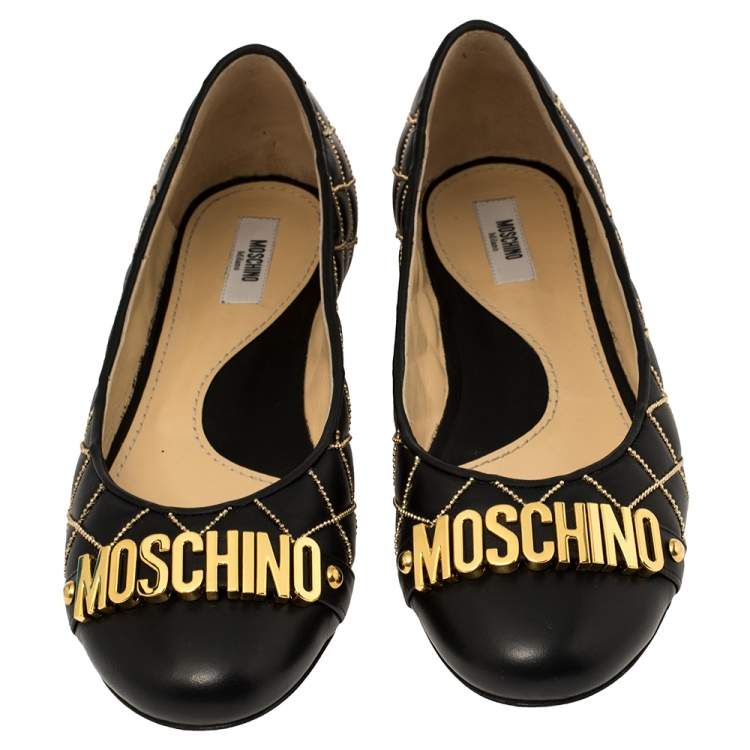 Pre Owned Moschino Black Leather Logo Embellished Ballerina Flats Size 40
