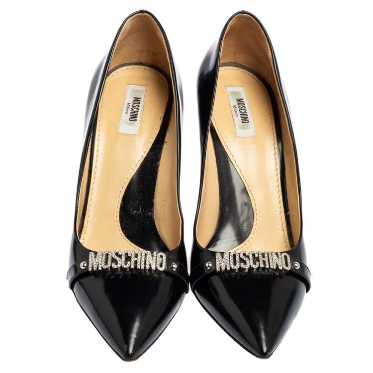 Pre Owned Moschino Black Leather Logo Crystal Embellished Pointed Toe Pumps Size 40