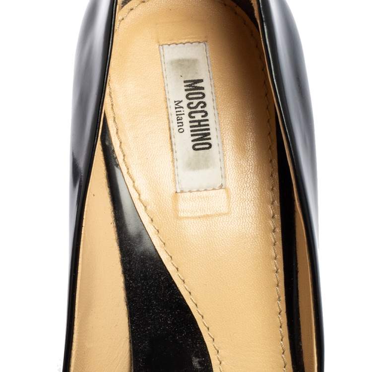 Pre Owned Moschino Black Leather Logo Crystal Embellished Pointed Toe Pumps Size 40