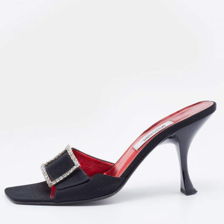 Pre Owned Moschino Black Satin Crystal Embellished Slide Sandals Size 36