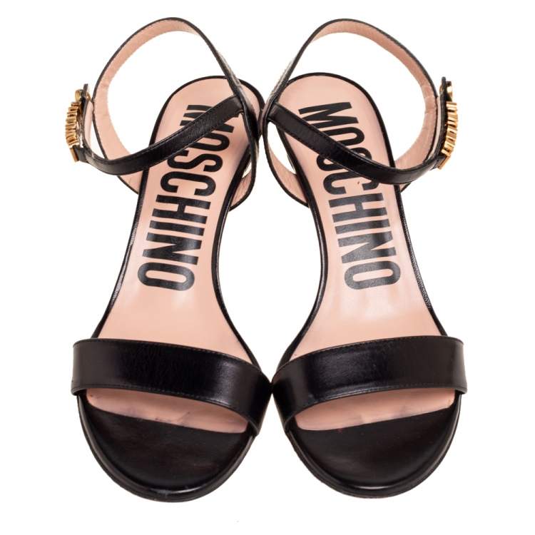 Pre Owned Moschino Black Leather Logo Plaque Ankle-Strap Sandals Size 37
