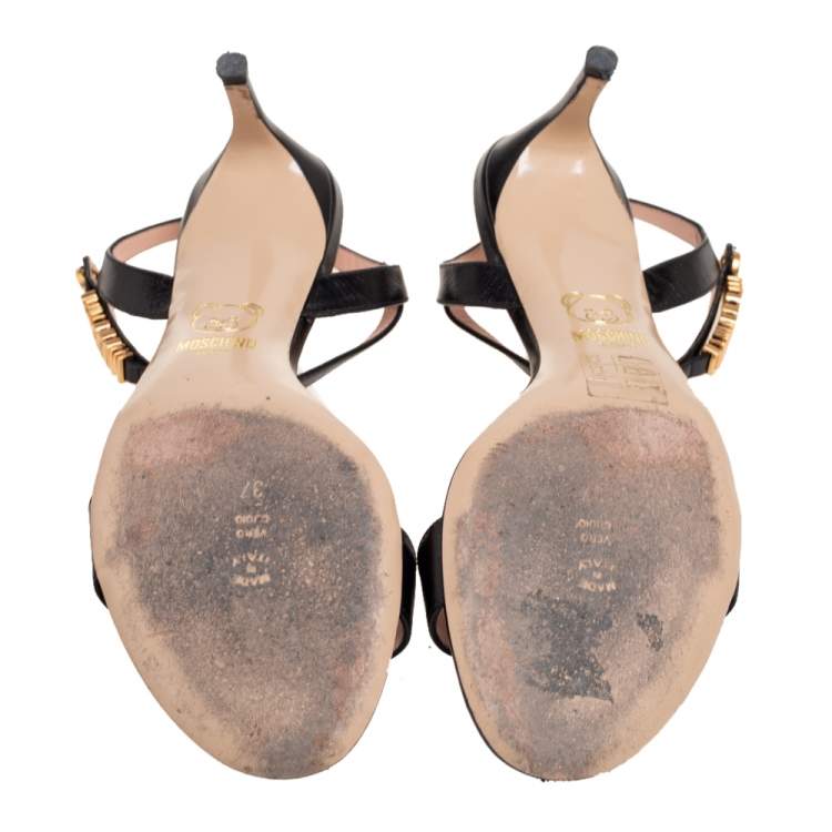 Pre Owned Moschino Black Leather Logo Plaque Ankle-Strap Sandals Size 37