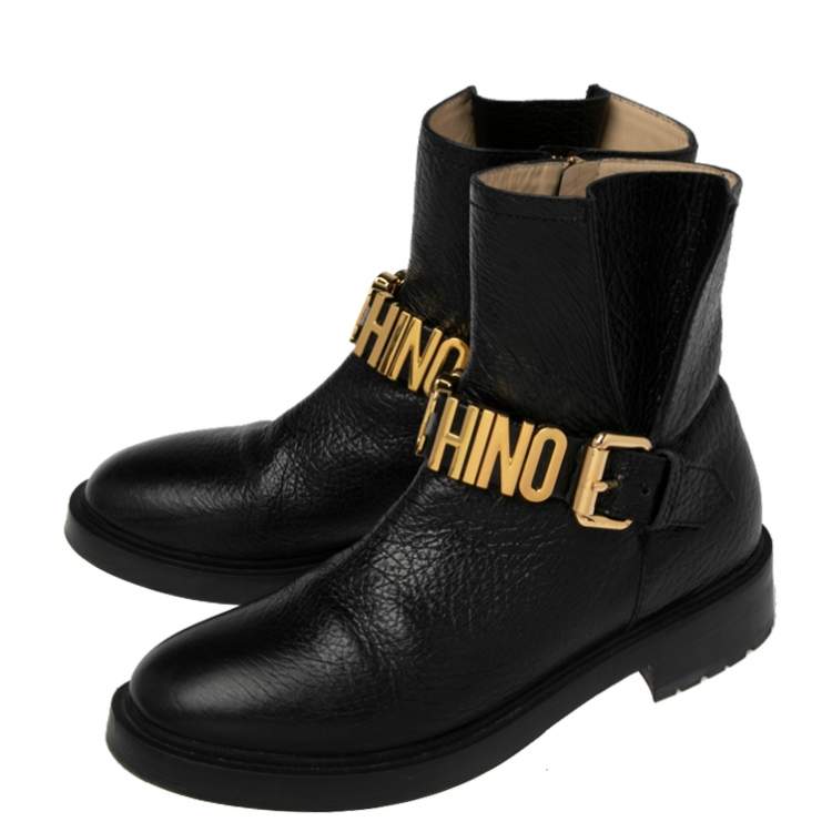 Pre Owned Moschino Black Leather Logo Chelsea  Boots Size 39
