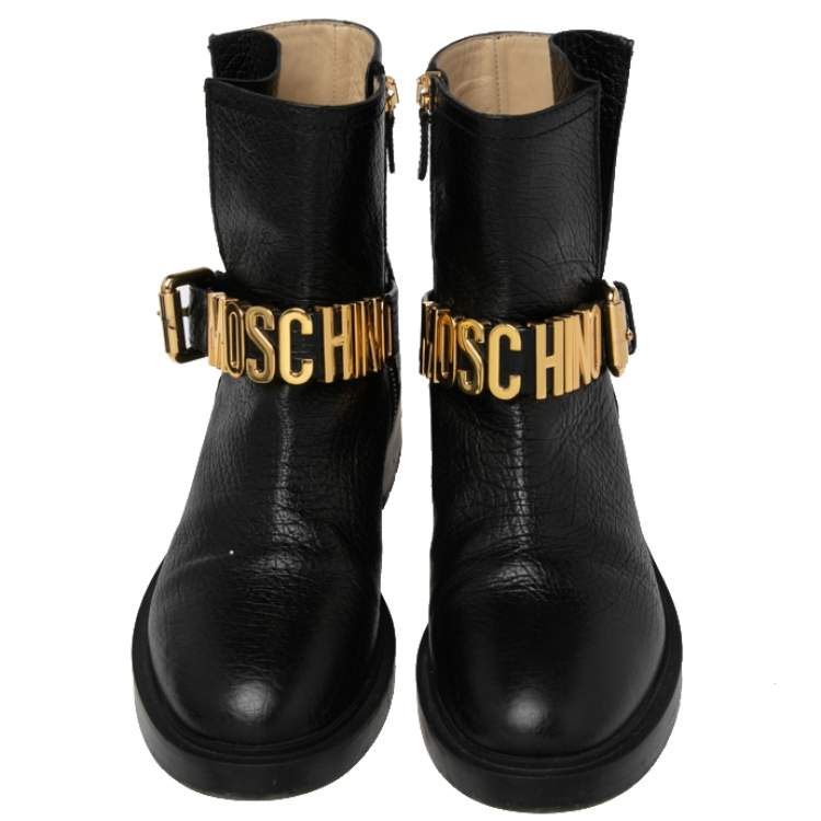 Pre Owned Moschino Black Leather Logo Chelsea  Boots Size 39