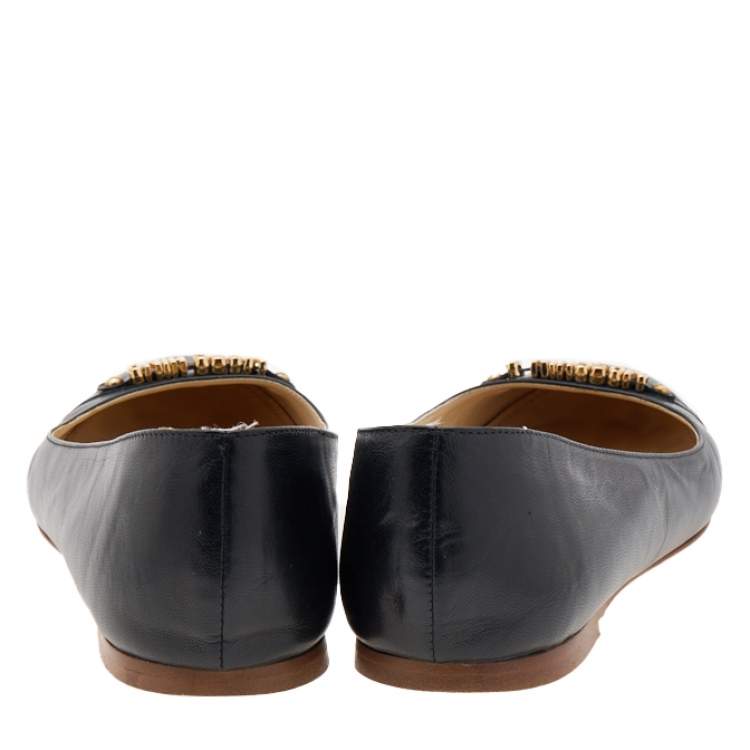Pre Owned Moschino Black Leather Ballet Flats Size 36