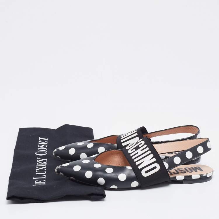 Pre Owned Moschino Black/White Polka Dot Leather and Logo Elastic Slingback Flats Size 39