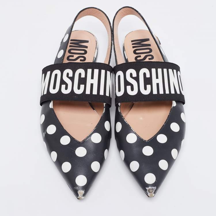 Pre Owned Moschino Black/White Polka Dot Leather and Logo Elastic Slingback Flats Size 39