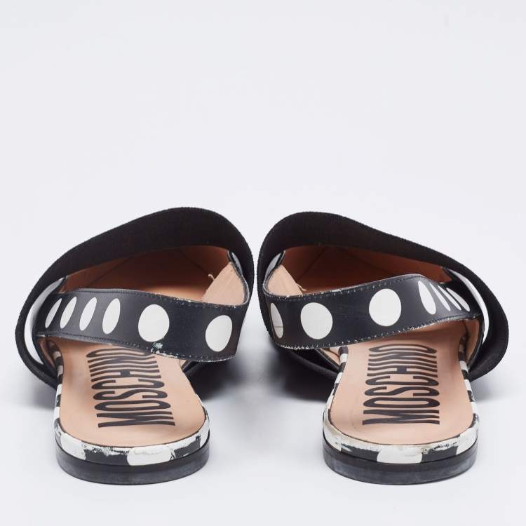 Pre Owned Moschino Black/White Polka Dot Leather and Logo Elastic Slingback Flats Size 39