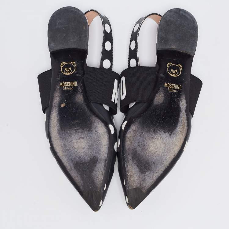 Pre Owned Moschino Black/White Polka Dot Leather and Logo Elastic Slingback Flats Size 39